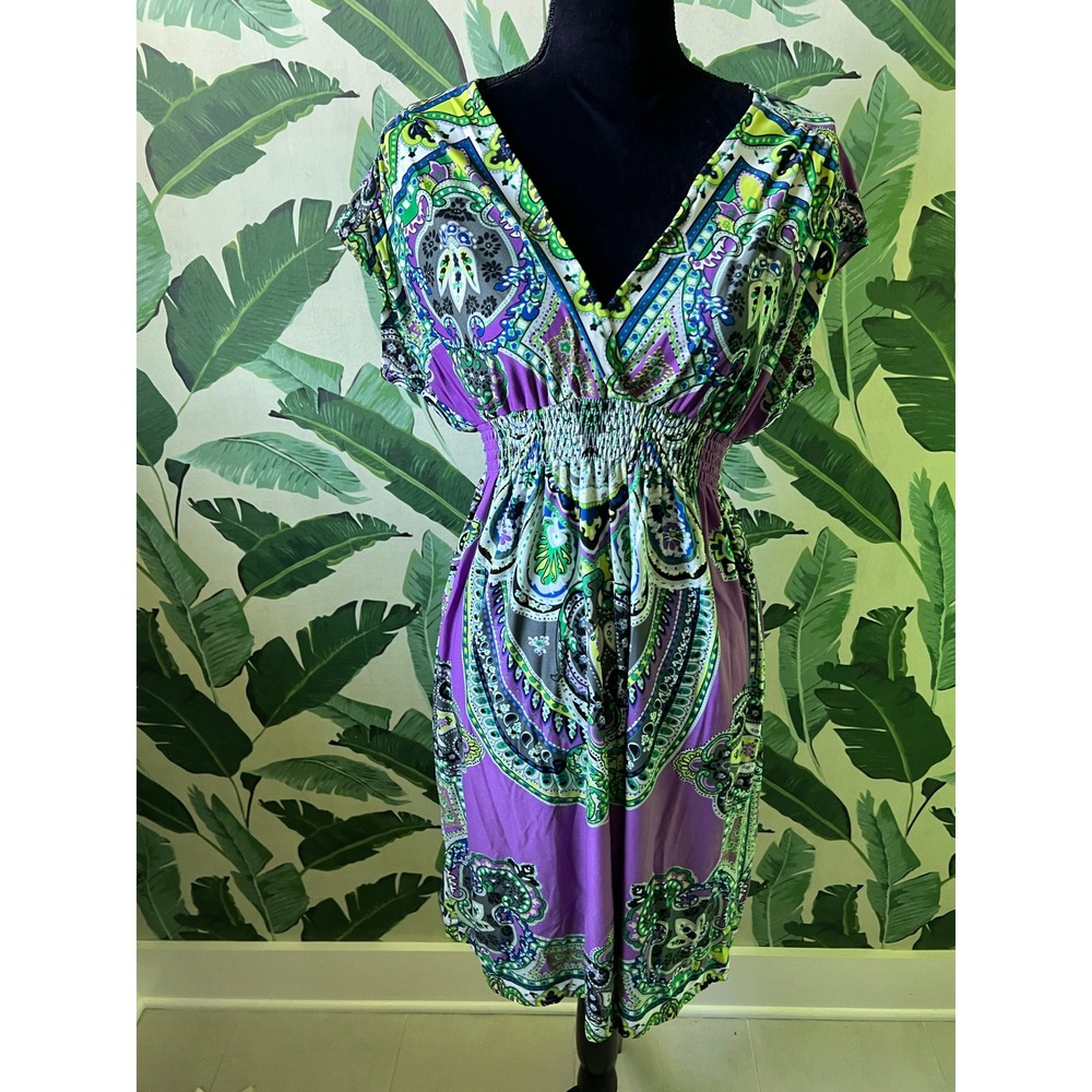 She's Cool Paisley V-Neck Smocked Waist Dress Y2K 90s Women M Purple